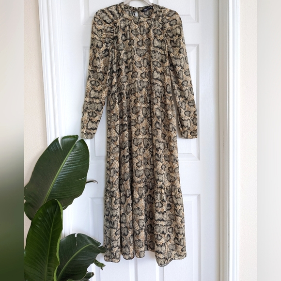 ZARA Snakeskin Puff Sleeves Midi dress - Picture 2 of 11